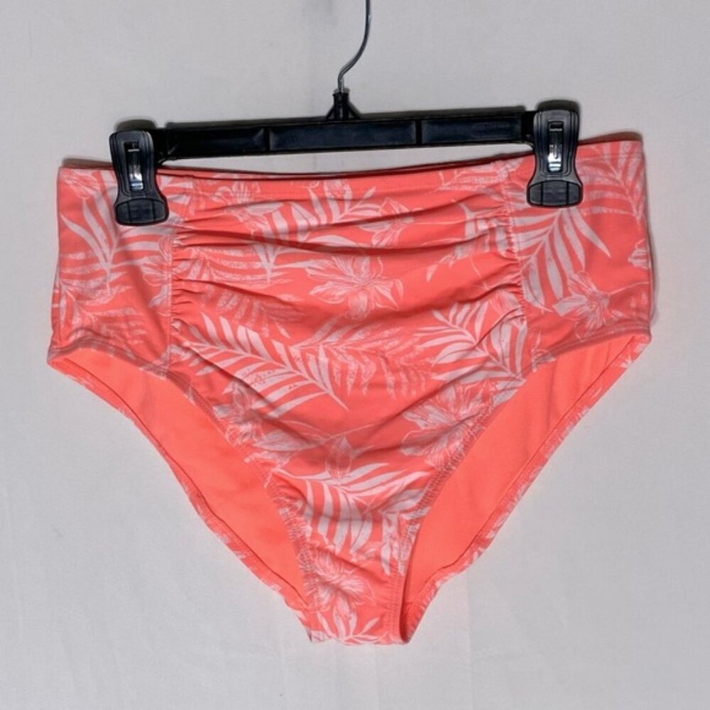 5/$25 Women’s Neon Coral White Tropical Print High Waist Bikini Bottoms L